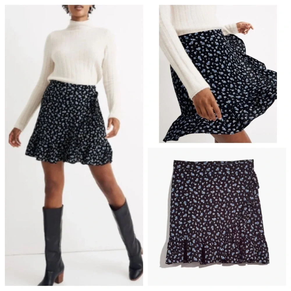 Madewell Ruffle-Wrap Mini Skirt in Baby's Breath Black 51523